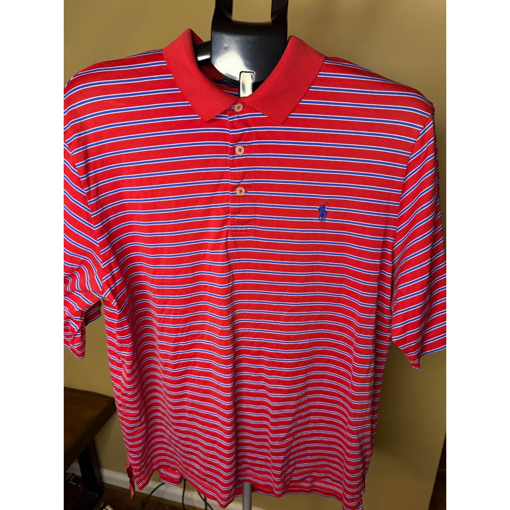 Polo Golf Ralph Lauren Mens Red Striped Pima Cotton Polo Shirt Size L VC 1908